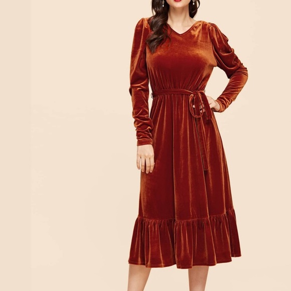 Vintage Dresses & Skirts - Burnt Orange Rusty Velvet Fall dress